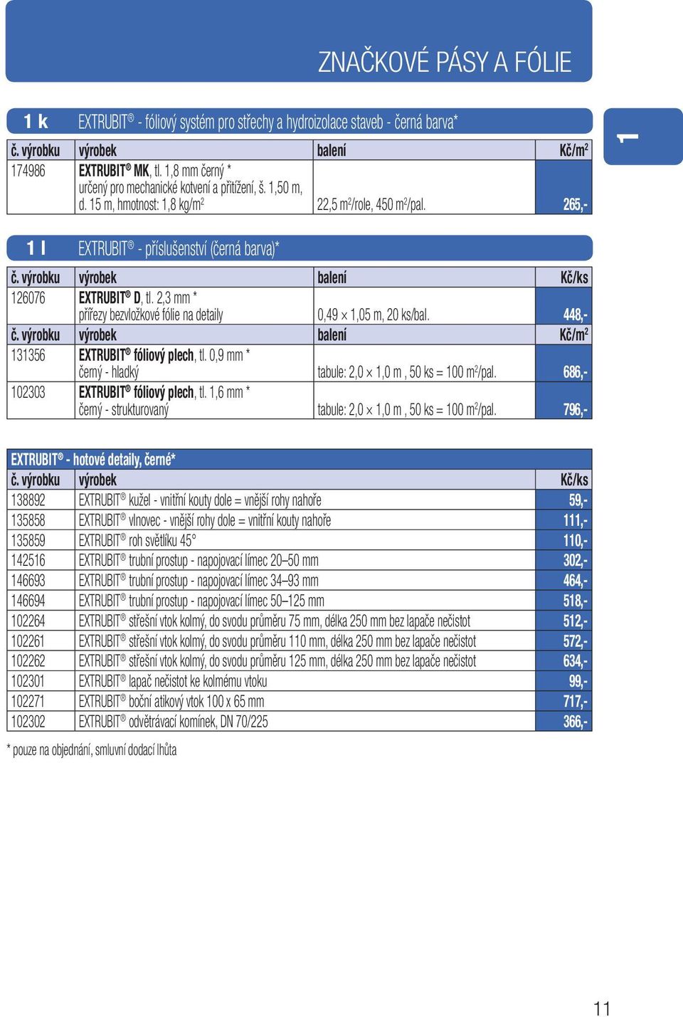výrobku výrobek balení Kč/ks 126076 EXTRUBIT D, tl. 2,3 mm * přířezy bezvložkové fólie na detaily 0,49 1,05 m, 20 ks/bal. 448,- č. výrobku výrobek balení Kč/m 2 131356 EXTRUBIT fóliový plech, tl.
