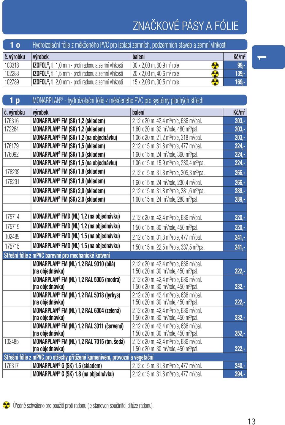 2,0 mm - proti radonu a zemní vlhkosti 15 x 2,03 m, 30,5 m 2 role 169,- 1 1 p MONARPLAN - hydroizolační fólie z měkčeného PVC pro systémy plochých střech č.