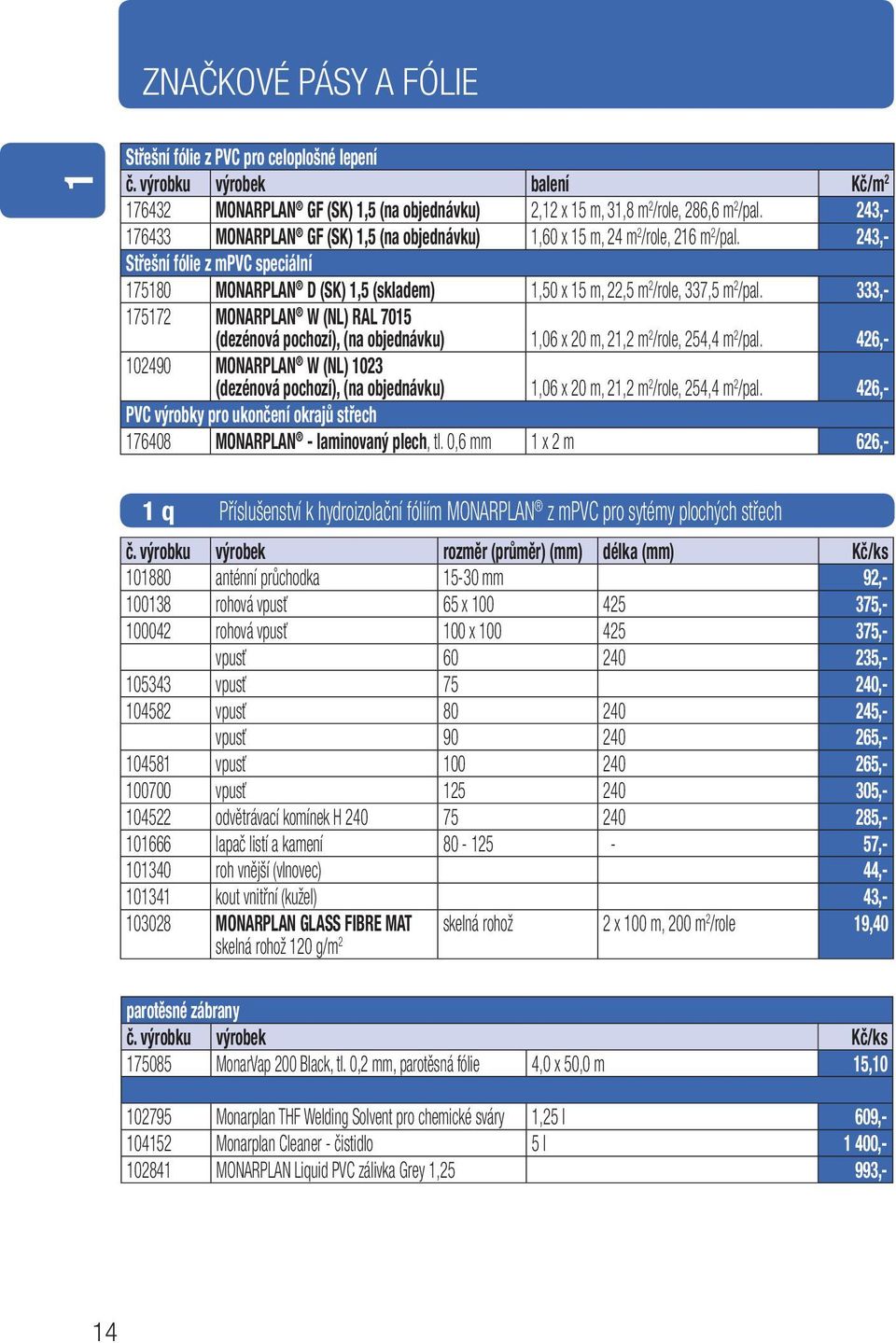 243,- Střešní fólie z mpvc speciální 175180 MONARPLAN D (SK) 1,5 (skladem) 1,50 x 15 m, 22,5 m 2 /role, 337,5 m 2 /pal.