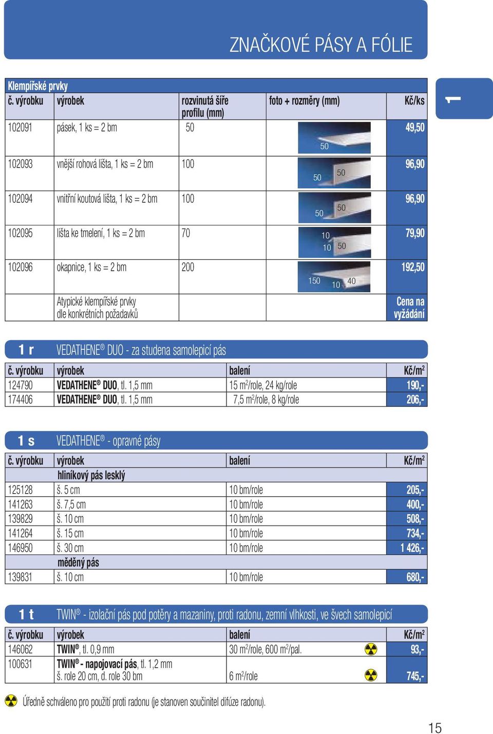 100 96,90 102095 lišta ke tmelení, 1 ks = 2 bm 70 79,90 102096 okapnice, 1 ks = 2 bm 200 192,50 Atypické klempířské prvky dle konkrétních požadavků 50 50 150 50 50 50 10 10 50 10 40 Cena na vyžádání