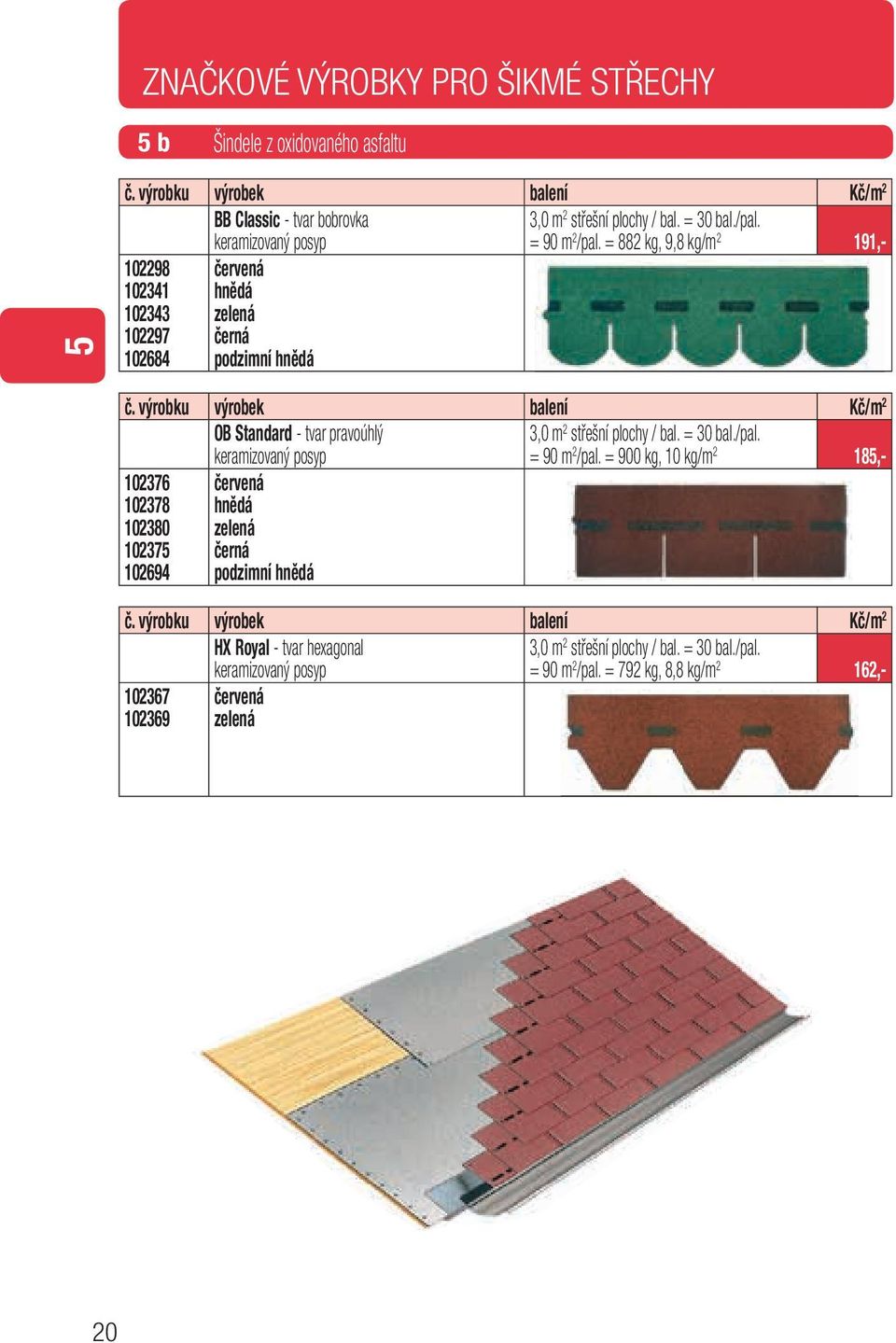 výrobku výrobek balení Kč/m 2 OB Standard - tvar pravoúhlý keramizovaný posyp 3,0 m 2 střešní plochy / bal. = 30 bal./pal. = 90 m 2 /pal.