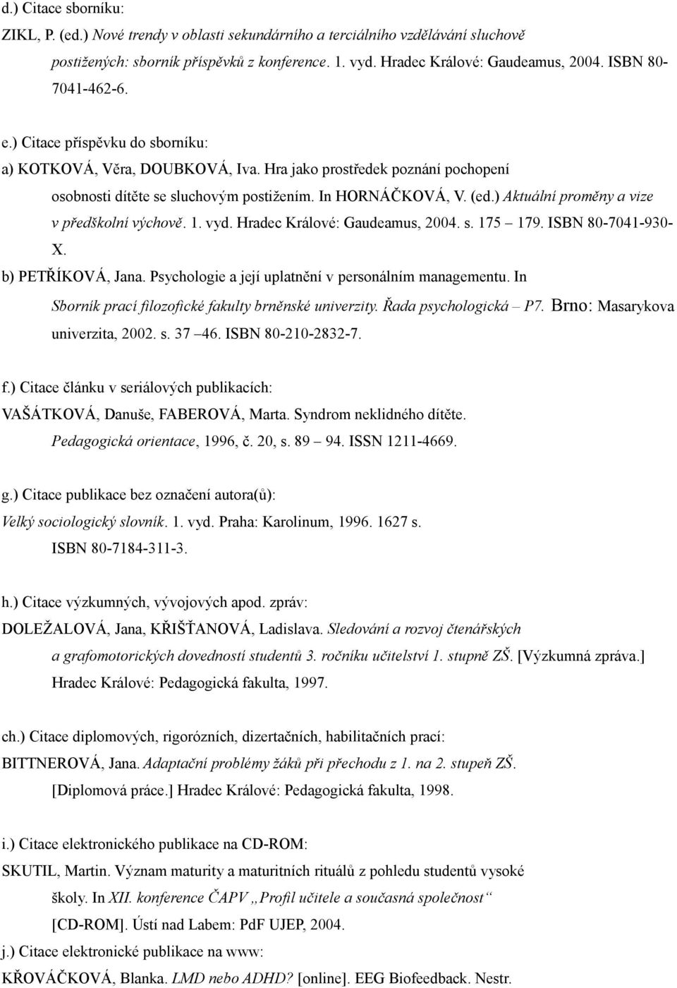 ) Aktuální proměny a vize v předškolní výchově. 1. vyd. Hradec Králové: Gaudeamus, 2004. s. 175 179. ISBN 807041930X. b) PETŘÍKOVÁ, Jana. Psychologie a její uplatnění v personálním managementu.