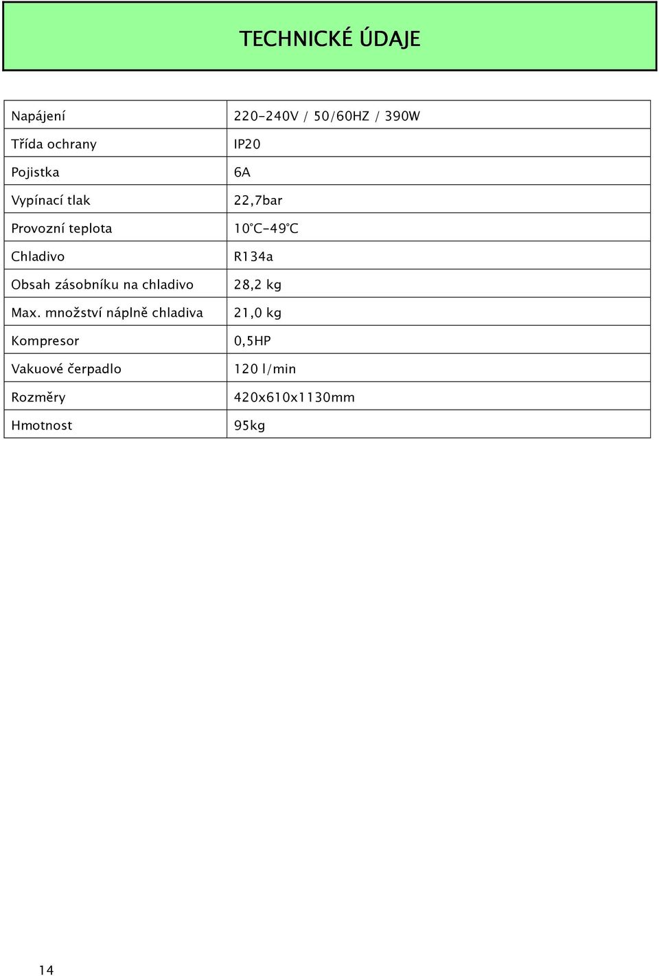 množství náplně chladiva Kompresor Vakuové čerpadlo Rozměry Hmotnost
