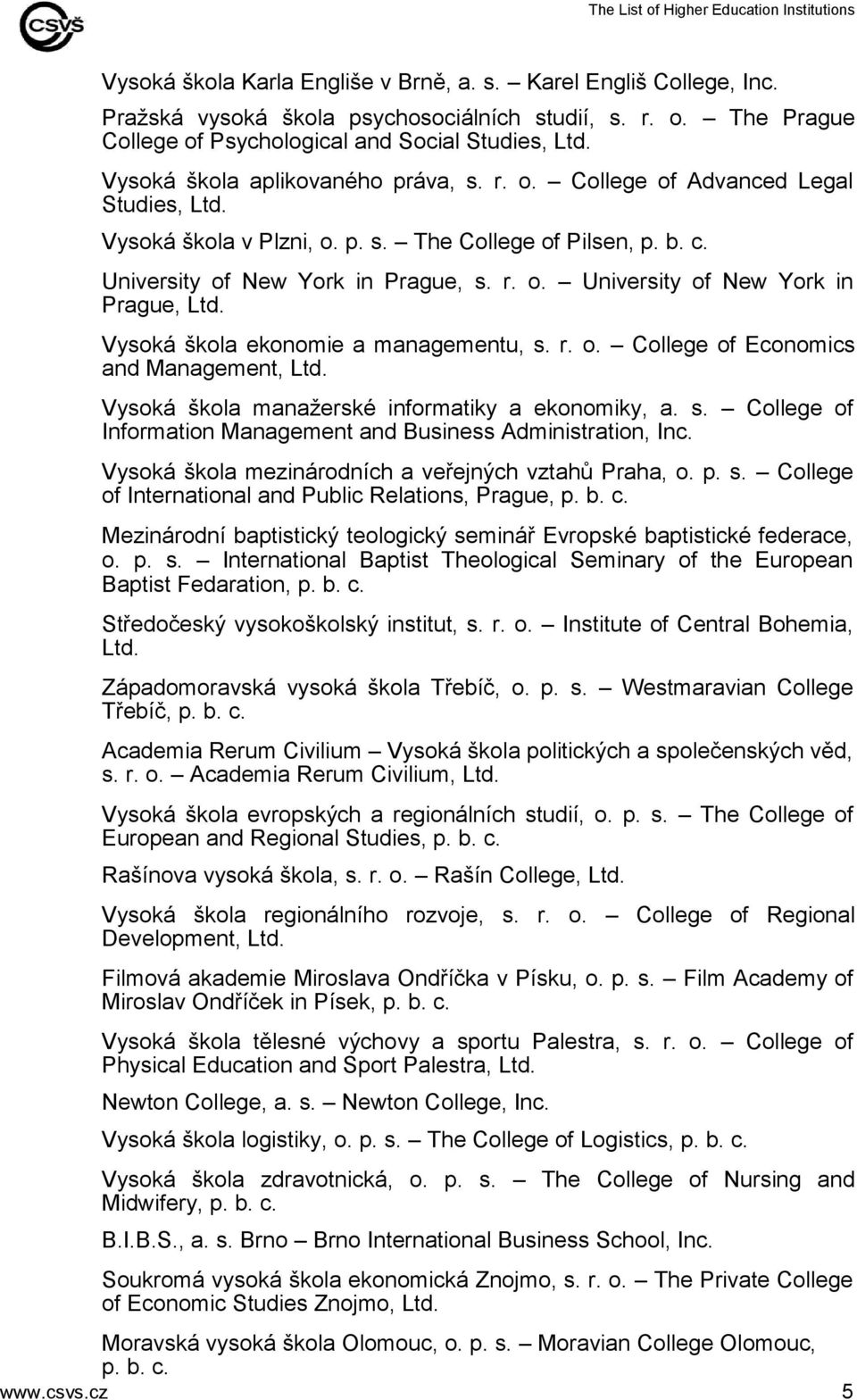 Vysoká škola ekonomie a managementu, s. r. o. College of Economics and Management, Ltd. Vysoká škola manažerské informatiky a ekonomiky, a. s. College of Information Management and Business Administration, Inc.