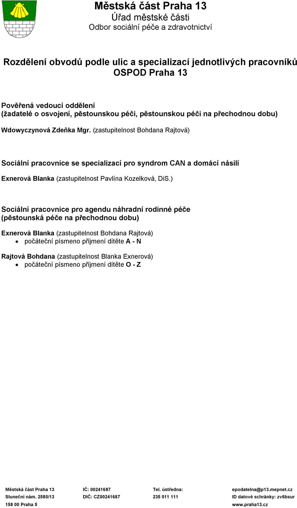 (zastupitelnost Bohdana Rajtová) Sociální pracovnice se specializací pro syndrom CAN a domácí násilí Exnerová Blanka (zastupitelnost Pavlína Kozelková, DiS.