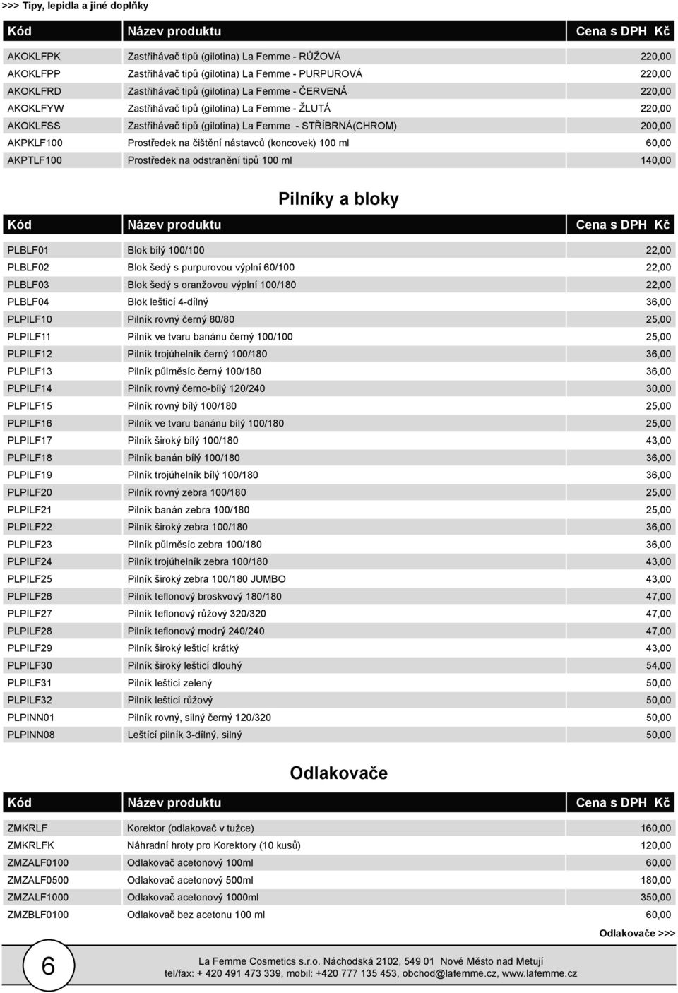 (koncovek) 100 ml 60,00 AKPTLF100 Prostředek na odstranění tipů 100 ml 140,00 Pilníky a bloky PLBLF01 Blok bílý 100/100 22,00 PLBLF02 Blok šedý s purpurovou výplní 60/100 22,00 PLBLF03 Blok šedý s