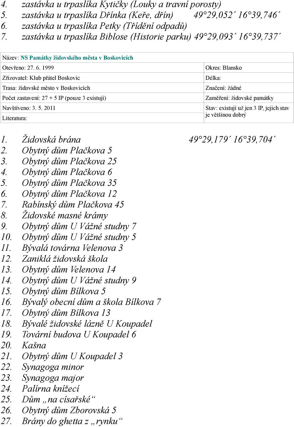 1999 Zřizovatel: Klub přátel Boskovic Trasa: židovské město v Boskovicích Počet zastavení: 27 + 5 