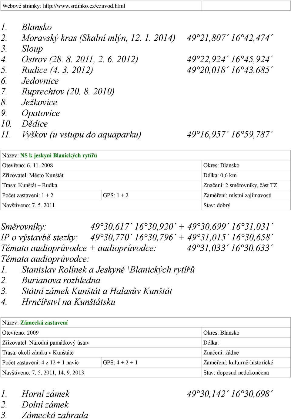 Vyškov (u vstupu do aquaparku) 49 16,957 16 59,787 Název: NS k jeskyni Blanických rytířů Otevřeno: 6. 11.