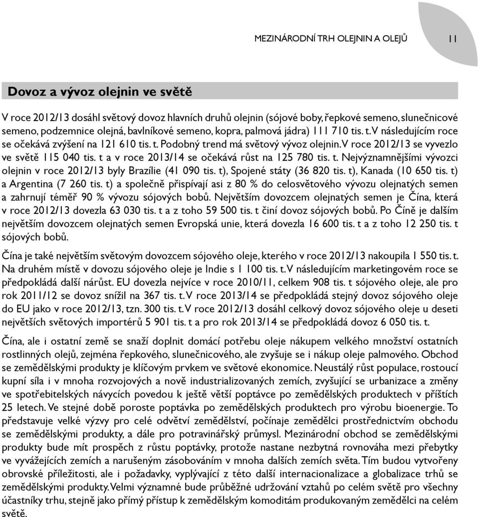 V roce 2012/13 se vyvezlo ve světě 115 040 tis. t a v roce 2013/14 se očekává růst na 125 780 tis. t. Nejvýznamnějšími vývozci olejnin v roce 2012/13 byly Brazílie (41 090 tis.