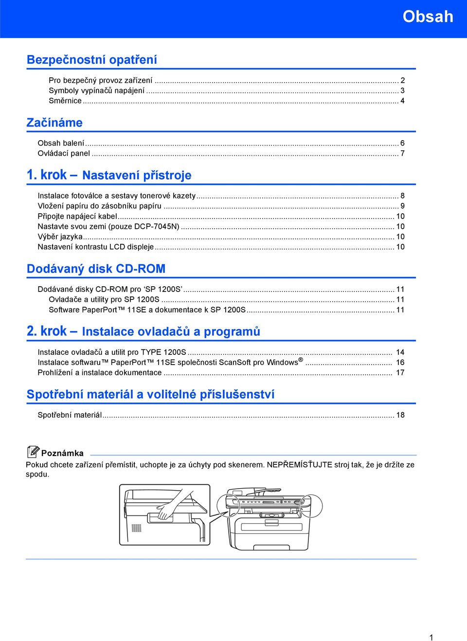 .. 10 Nastavení kontrastu LCD displeje... 10 Dodávaný disk CD-ROM Dodávané disky CD-ROM pro SP 1200S... 11 Ovladače a utility pro SP 1200S... 11 Software PaperPort 11SE a dokumentace k SP 1200S... 11 2.