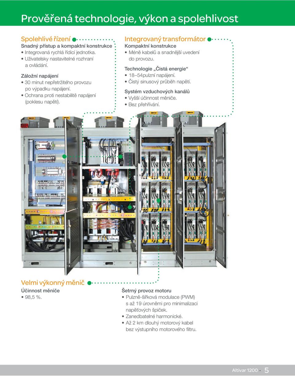 Integrovaný transformátor Kompaktní konstrukce Méně kabelů a snadnější uvedení do provozu. Technologie Čistá energie 18 54pulzní napájení. Čistý sinusový průběh napětí.