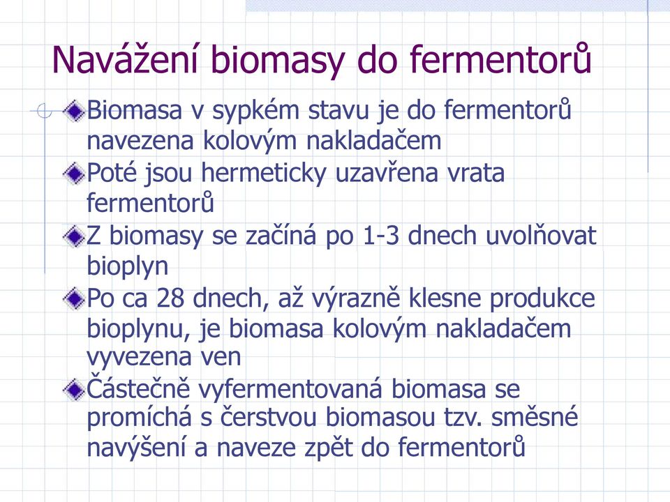 ca 28 dnech, aţ výrazně klesne produkce bioplynu, je biomasa kolovým nakladačem vyvezena ven Částečně