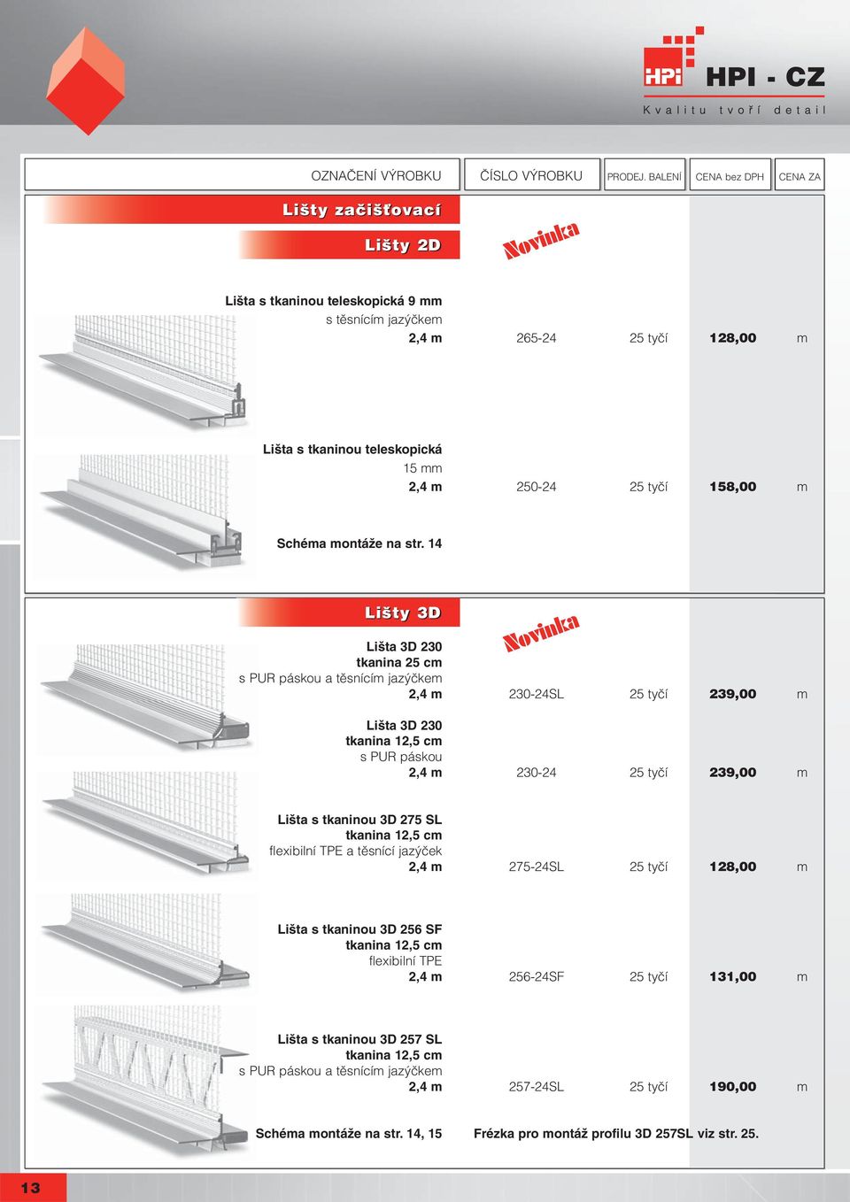 14 Lišty 3D Lišta 3D 230 tkanina 25 cm s PUR páskou a těsnícím jazýčkem 2,4 m 230-24SL 25 tyčí 239,00 m Lišta 3D 230 tkanina 12,5 cm s PUR páskou 2,4 m 230-24 25 tyčí 239,00 m Lišta s tkaninou 3D 275