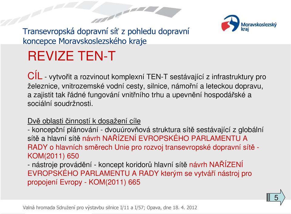 Dvě oblasti činností k dosažení cíle - koncepční plánování - dvouúrovňová struktura sítě sestávající z globální sítě a hlavní sítě návrh NAŘÍZENÍ EVROPSKÉHO PARLAMENTU