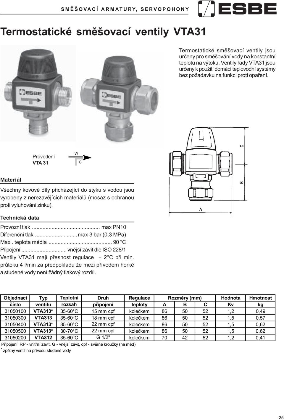 Provedení VTA 31 W C Materiál Všechny kovové díly pøicházející do styku s vodou jsou vyrobeny z nerezavìjících materiálù (mosaz s ochranou proti vyluhování zinku). Technická data Provozní tlak.