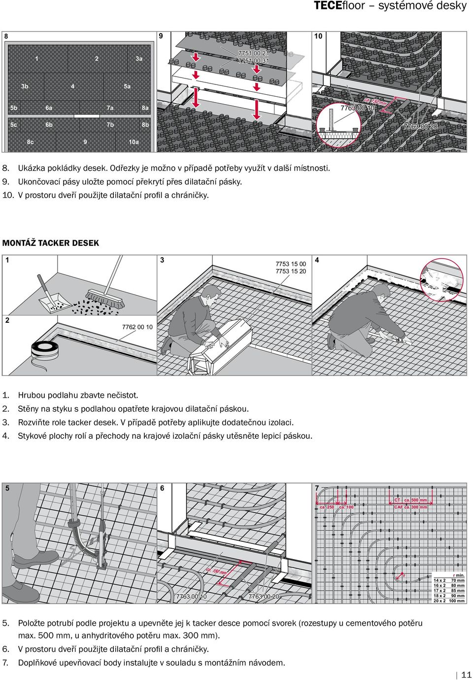 MONTÁŽ TACKER DESEK 3 1 2 7753 15 00 7753 15 20 4 7762 00 10 1. Hrubou podlahu zbavte nečistot. 2. Stěny na styku s podlahou opatřete krajovou dilatační páskou. 3. Rozviňte role tacker desek.