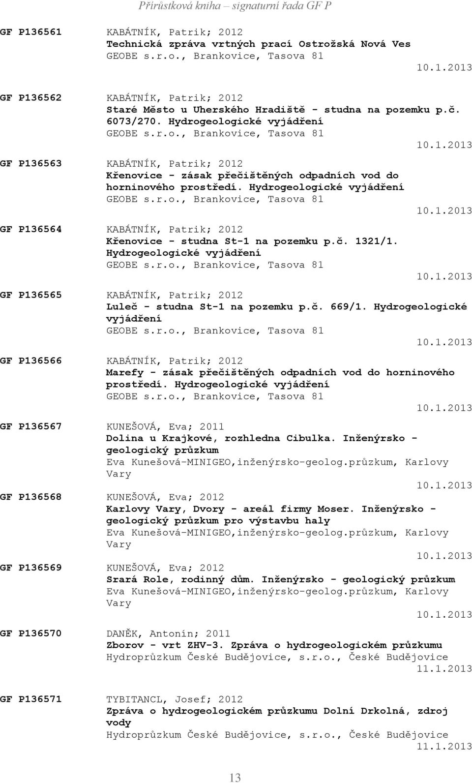 Hydrogeologické vyjádření GEOBE s.r.o., Brankovice, Tasova 81 GF P136564 KABÁTNÍK, Patrik; 2012 Křenovice - studna St-1 na pozemku p.č. 1321/1. Hydrogeologické vyjádření GEOBE s.r.o., Brankovice, Tasova 81 10.