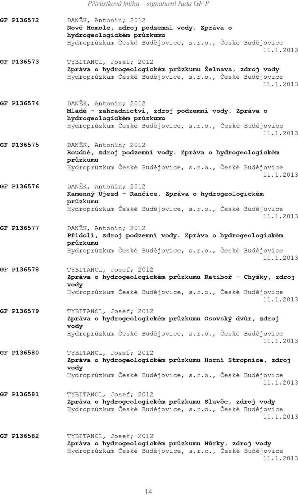 Zpráva o hydrogeologickém průzkumu Hydroprůzkum České Budějovice, s.r.o., České Budějovice 11.1.2013 GF P136576 DANĚK, Antonín; 2012 Kamenný Újezd - Rančice.