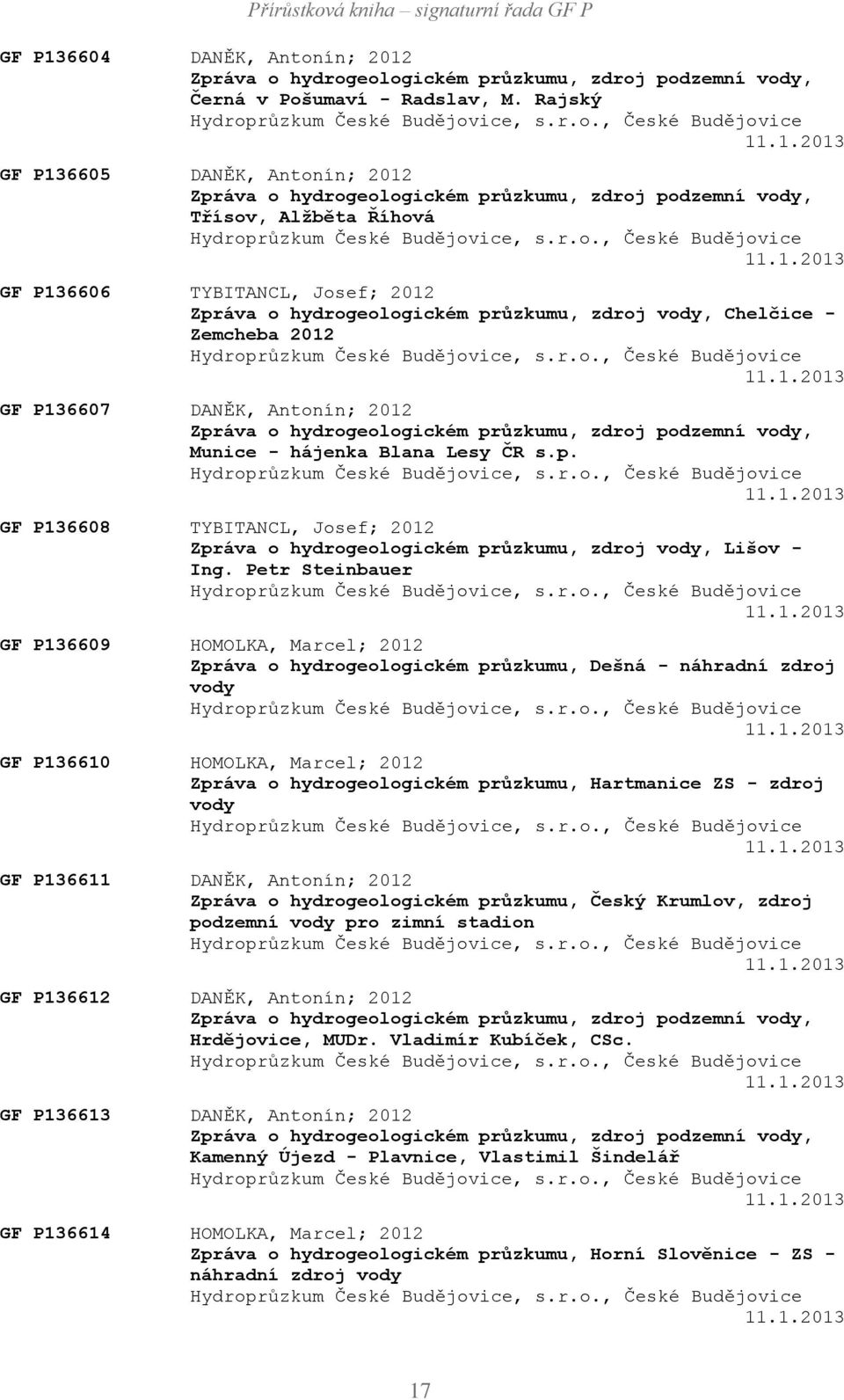 p. Hydroprůzkum České Budějovice, s.r.o., České Budějovice 11.1.2013 GF P136608 TYBITANCL, Josef; 2012 Zpráva o hydrogeologickém průzkumu, zdroj vody, Lišov - Ing.