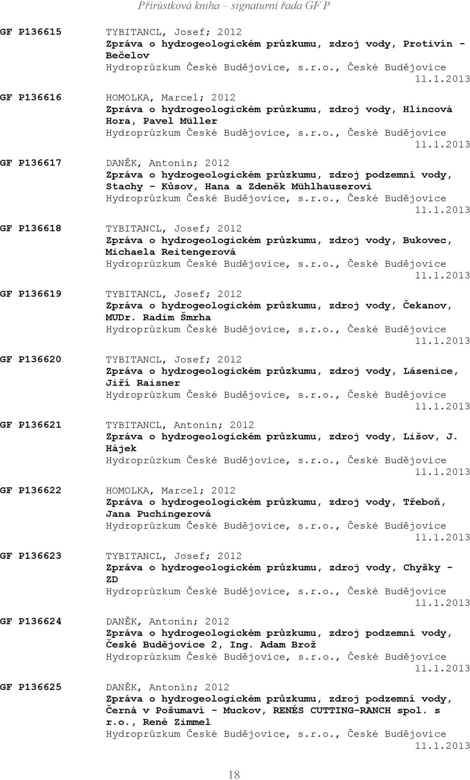 r.o., České Budějovice 11.1.2013 GF P136618 TYBITANCL, Josef; 2012 Zpráva o hydrogeologickém průzkumu, zdroj vody, Bukovec, Michaela Reitengerová Hydroprůzkum České Budějovice, s.r.o., České Budějovice 11.1.2013 GF P136619 TYBITANCL, Josef; 2012 Zpráva o hydrogeologickém průzkumu, zdroj vody, Čekanov, MUDr.