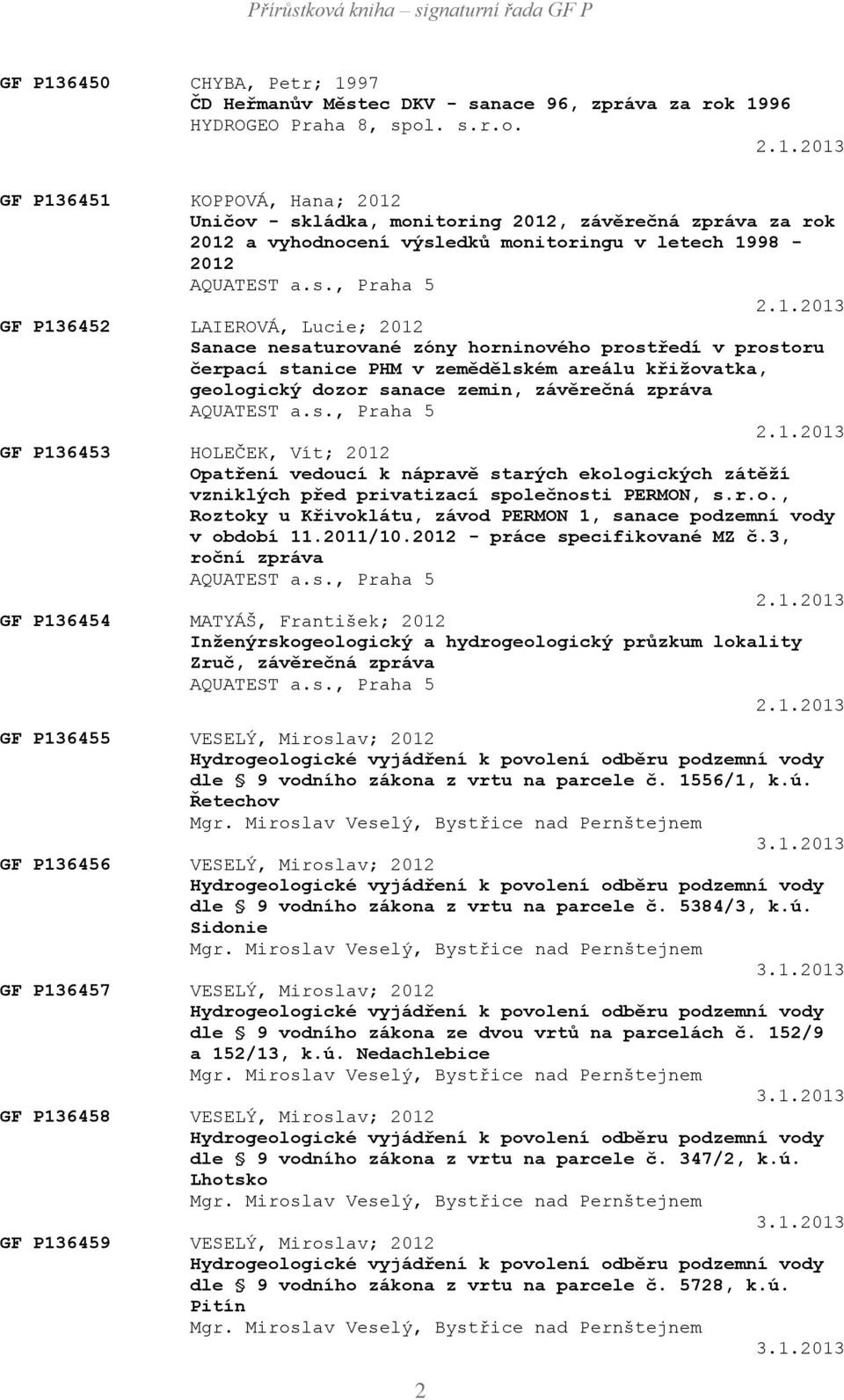 2013 GF P136452 LAIEROVÁ, Lucie; 2012 Sanace nesaturované zóny horninového prostředí v prostoru čerpací stanice PHM v zemědělském areálu křižovatka, geologický dozor sanace zemin, závěrečná zpráva