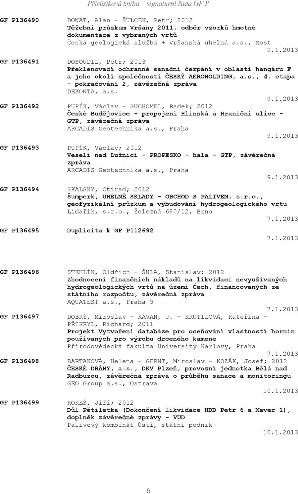 2013 GF P136492 PUPÍK, Václav - SUCHOMEL, Radek; 2012 České Budějovice - propojení Hlinská a Hraniční ulice - GTP, závěrečná zpráva ARCADIS Geotechnika a.s., Praha 9.1.2013 GF P136493 PUPÍK, Václav; 2012 Veselí nad Lužnicí - PROPESKO - hala - GTP, závěrečná zpráva ARCADIS Geotechnika a.