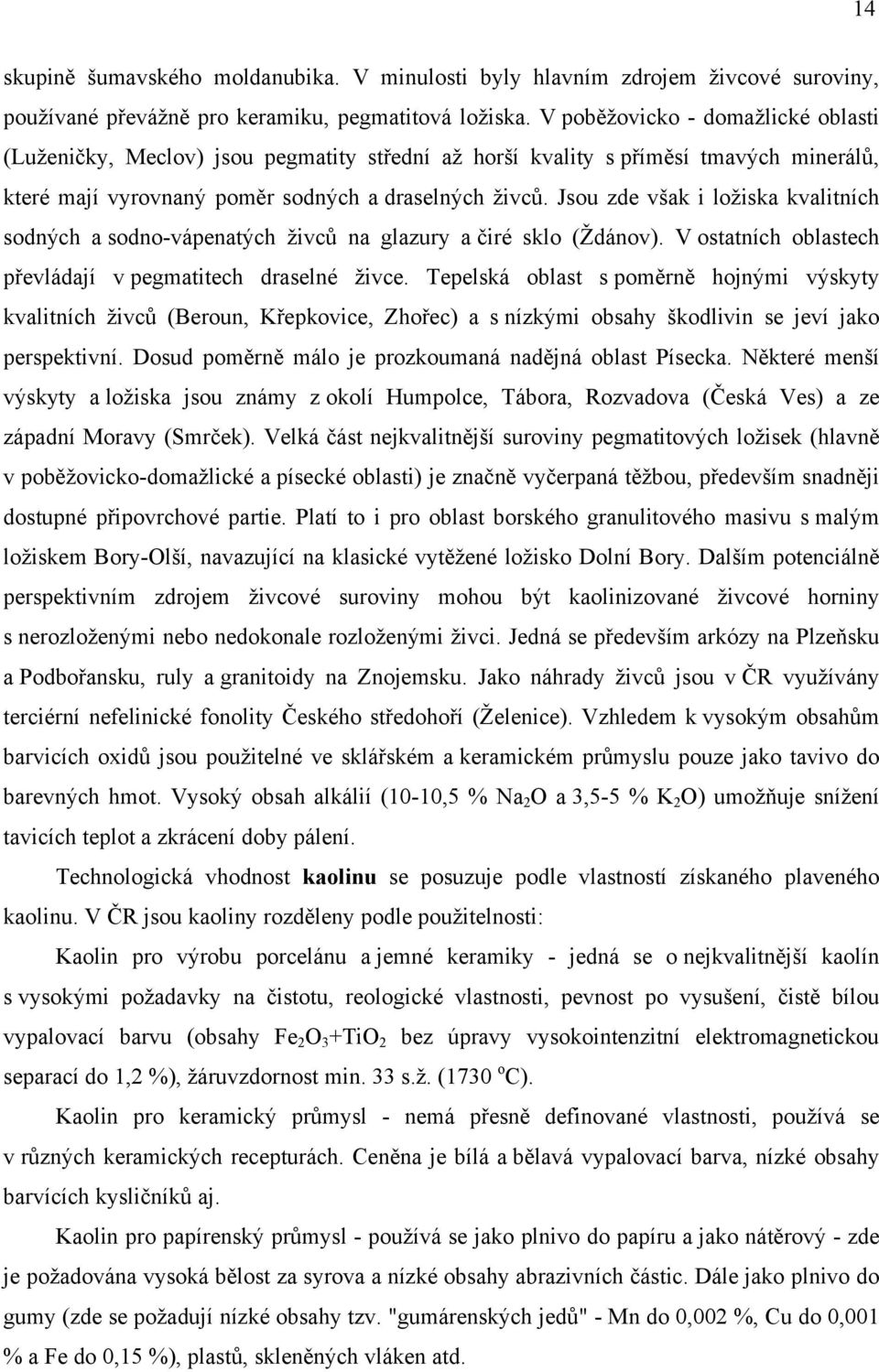 V ostatních oblastech v pegmatitech draselné živce. Tepelská oblast hojnými výskyty kvalitních (Beroun, a s nízkými obsahy škodlivin se jeví jako perspektivní.