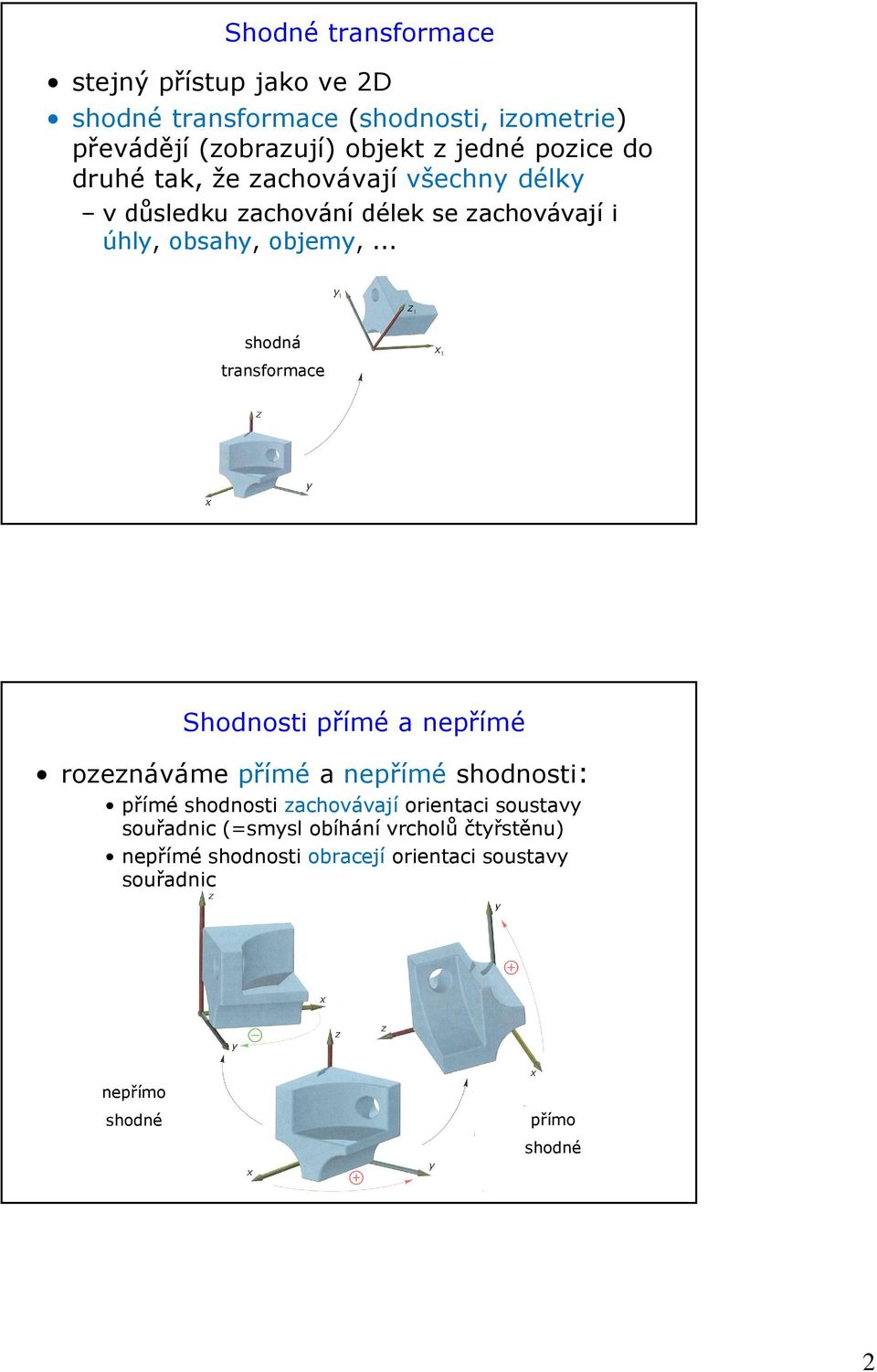 .. shodná transformace Shodnosti přímé a nepřímé rozeznáváme přímé a nepřímé shodnosti: přímé shodnosti zachovávají orientaci