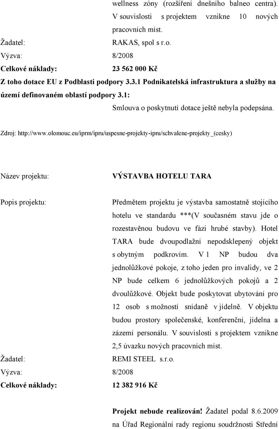 eu/iprm/ipru/uspesne-projekty-ipru/schvalene-projekty_(cesky) Název projektu: VÝSTAVBA HOTELU TARA Předmětem projektu je výstavba samostatně stojícího hotelu ve standardu ***(V současném stavu jde o