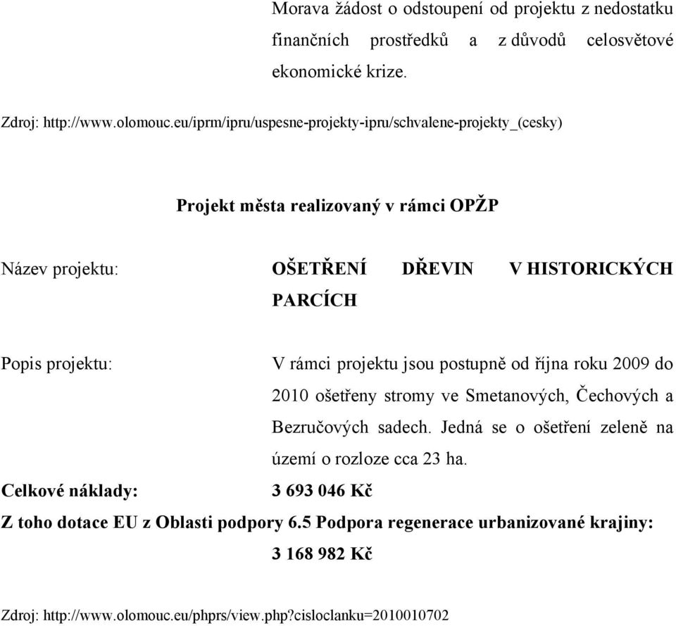 rámci projektu jsou postupně od října roku 2009 do 2010 ošetřeny stromy ve Smetanových, Čechových a Bezručových sadech.