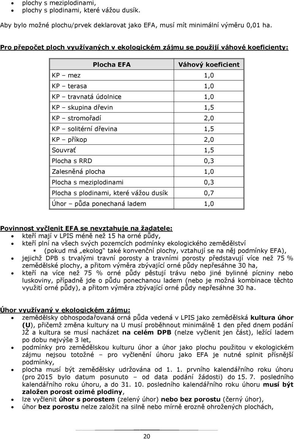 2,0 KP solitérní dřevina 1,5 KP příkop 2,0 Souvrať 1,5 Plocha s RRD 0,3 Zalesněná plocha 1,0 Plocha s meziplodinami 0,3 Plocha s plodinami, které vážou dusík 0,7 Úhor půda ponechaná ladem 1,0