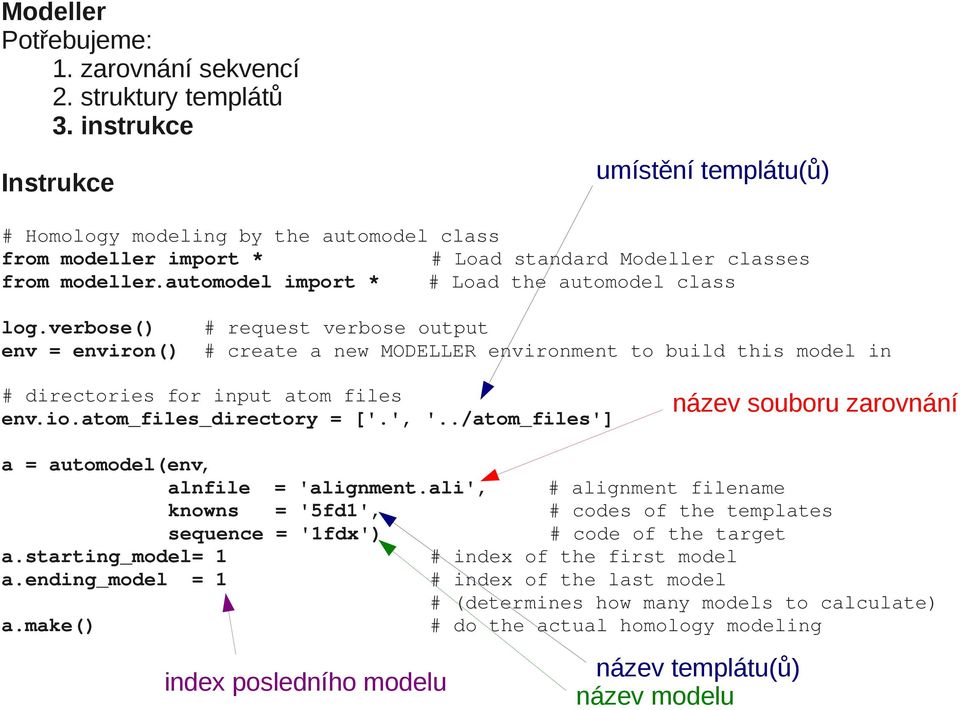 automodel import * # Load the automodel class log.verbose() # request verbose output env = environ() # create a new MODELLER environment to build this model in # directories for input atom files env.