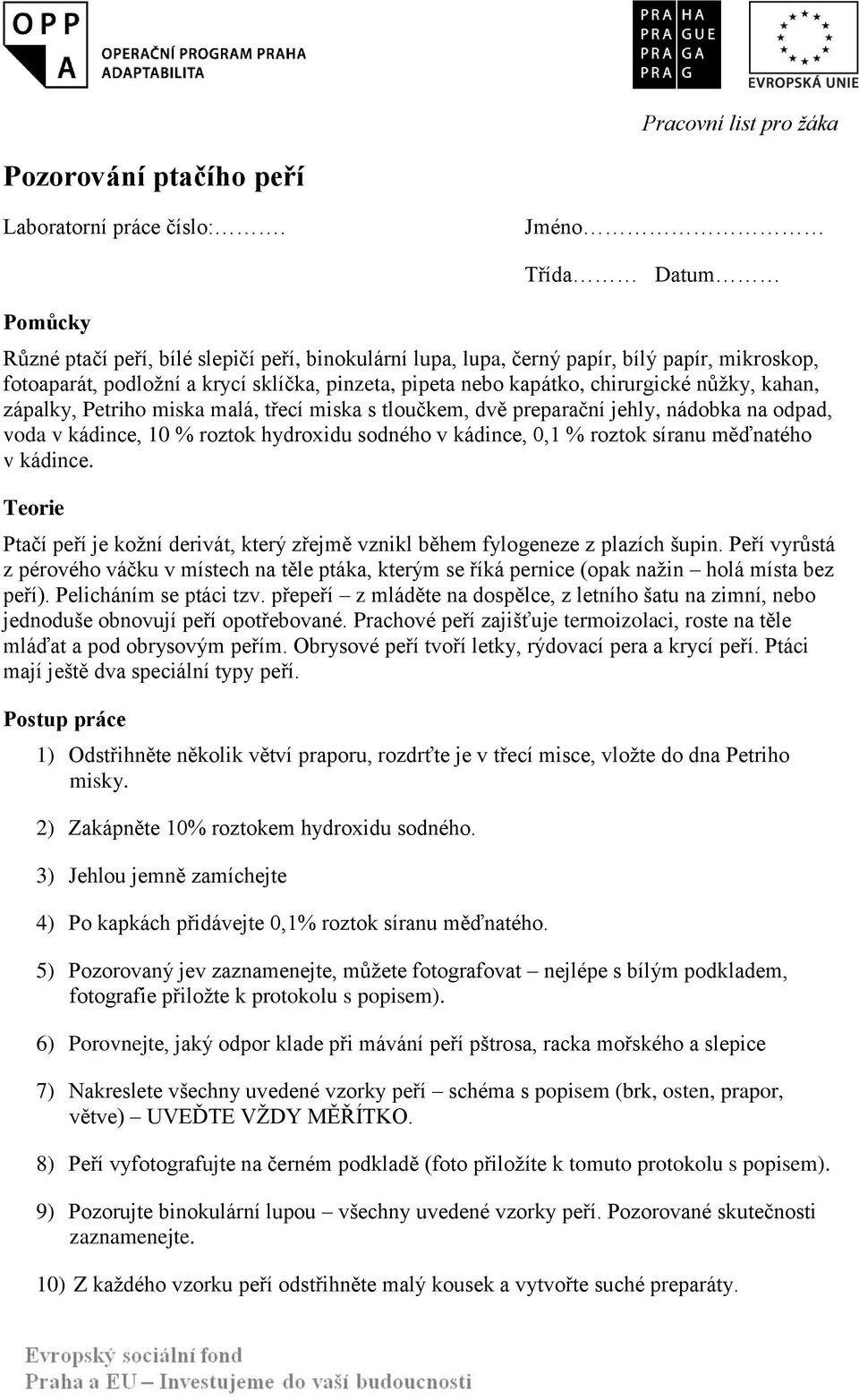 chirurgické nůţky, kahan, zápalky, Petriho miska malá, třecí miska s tloučkem, dvě preparační jehly, nádobka na odpad, voda v kádince, 10 % roztok hydroxidu sodného v kádince, 0,1 % roztok síranu