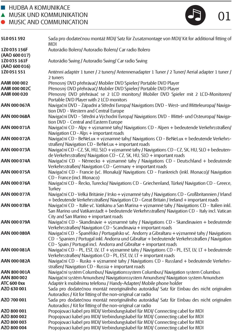 600 0xx AZO 630 001 AZO 700 001 AZO 800 001 AZO 800 002 AZO 800 003 AZO 800 004 Sada pro dodatečnou montáž MDI/ Satz für Zusatzmontage von MDI/ Kit for additional fitting of MDI Autorádio Bolero/