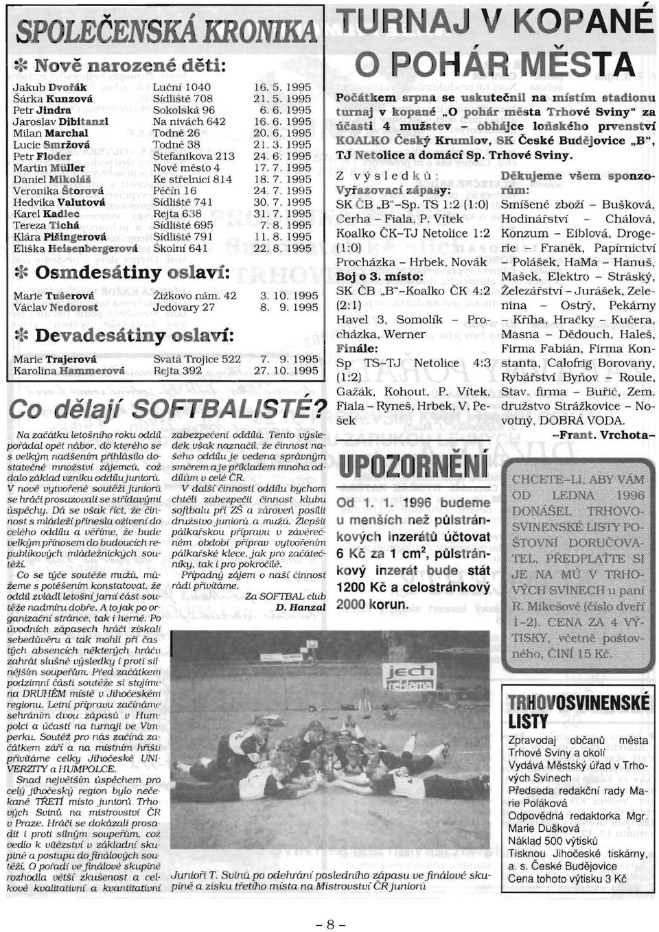 1995 Vaclav Nedorost Jedovary 27 8. 9. 1995 * Devadesatiny oslavi: Marie Trajerova Svata Trojice 522 7. 9. 1995 Karolina Hammerova ReJ ta 392 27. 10. 1995 Co delajl SOFTBALISTE?