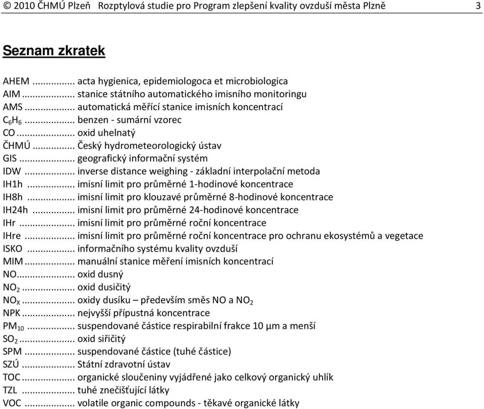 ..Český hydrometeorologický ústav GIS...geografický informační systém IDW...inverse distance weighing - základní interpolační metoda IH1h...imisní limit pro průměrné 1-hodinové koncentrace IH8h.