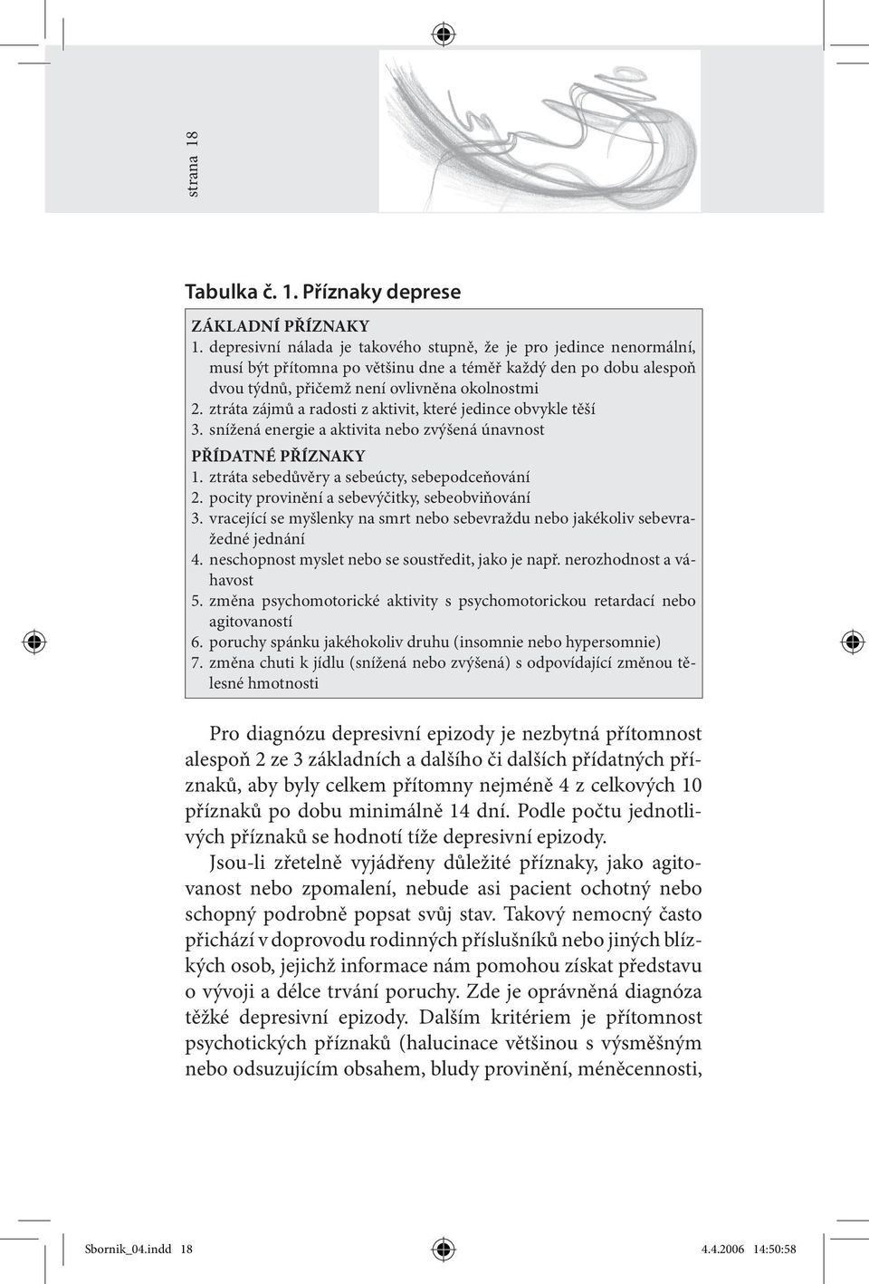 ztráta zájmů a radosti z aktivit, které jedince obvykle těší 3. snížená energie a aktivita nebo zvýšená únavnost PŘÍDATNÉ PŘÍZNAKY 1. ztráta sebedůvěry a sebeúcty, sebepodceňování 2.