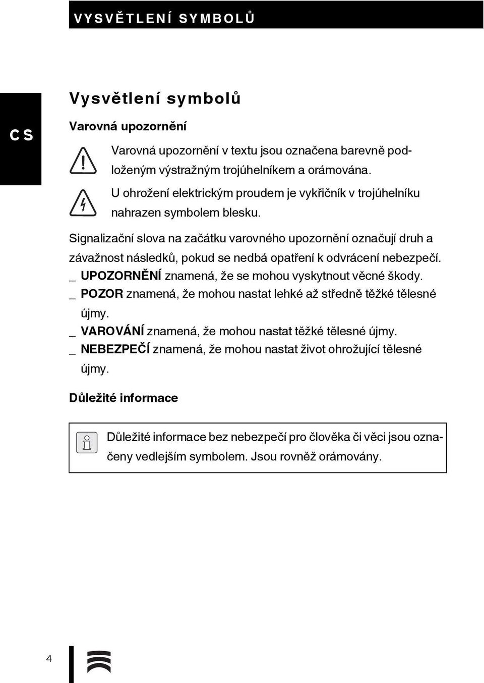 Signalizační slova na začátku varovného upozornění označují druh a závažnost následků, pokud se nedbá opatření k odvrácení nebezpečí.