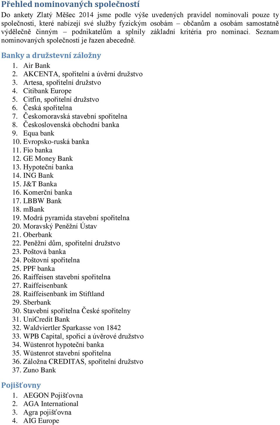 AKCENTA, spořitelní a úvěrní družstvo 3. Artesa, spořitelní družstvo 4. Citibank Europe 5. Citfin, spořitelní družstvo 6. Česká spořitelna 7. Českomoravská stavební spořitelna 8.