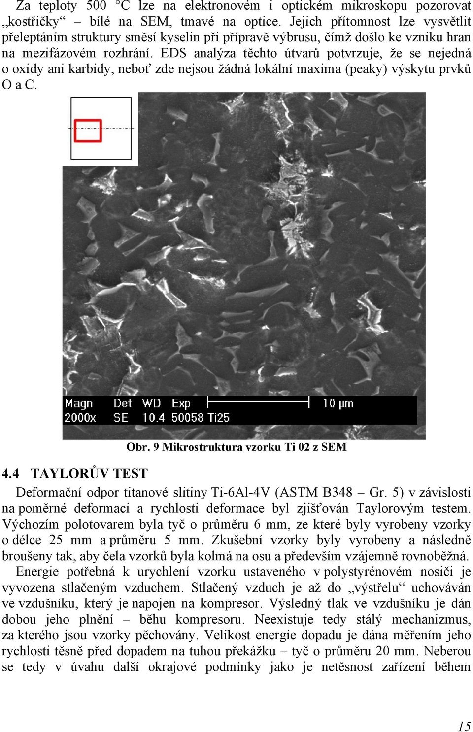 EDS analýza těchto útvarů potvrzuje, že se nejedná o oxidy ani karbidy, neboť zde nejsou žádná lokální maxima (peaky) výskytu prvků O a C. Obr. 9 Mikrostruktura vzorku Ti 02 z SEM 4.