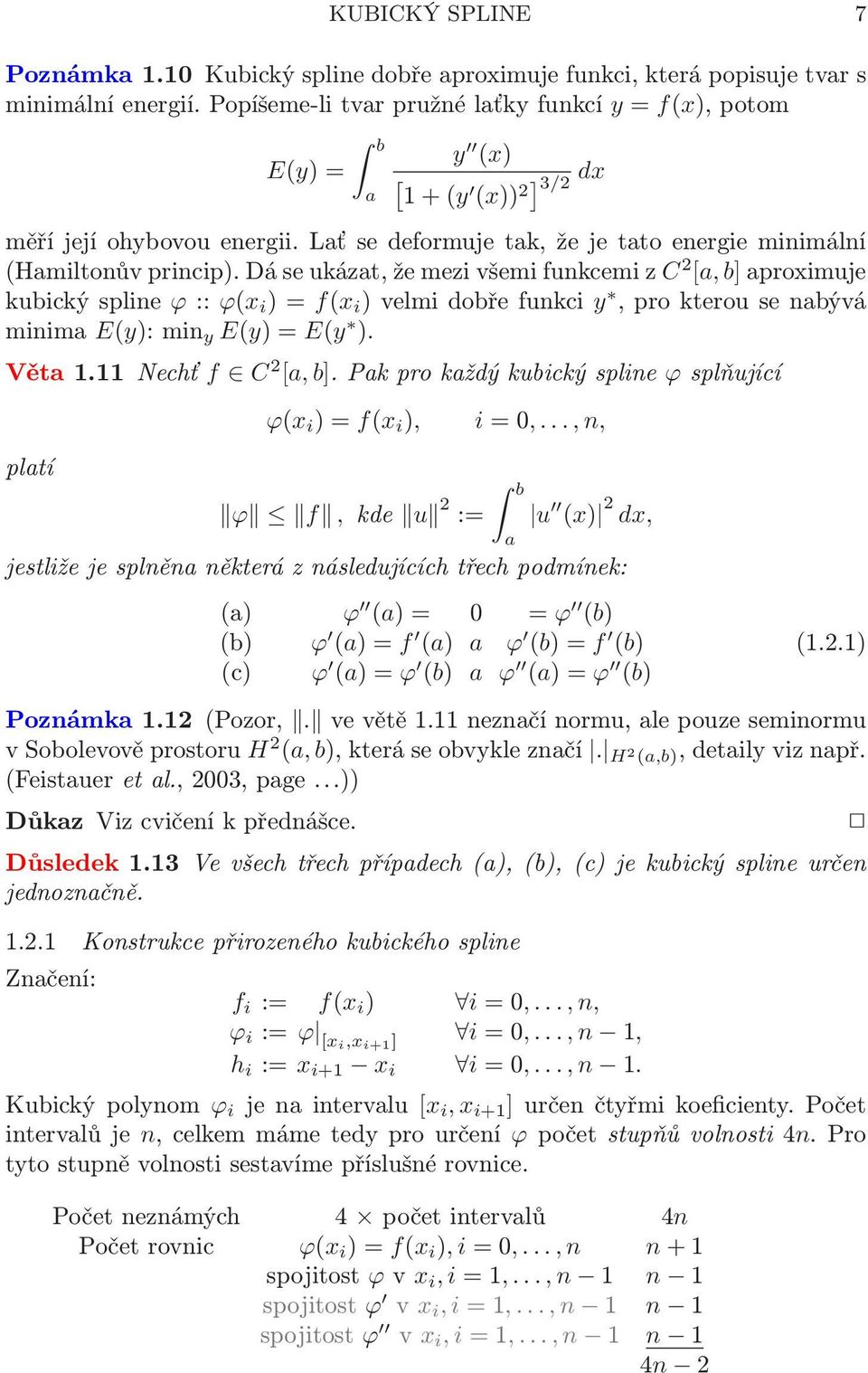 )velmidobřefunkci y,prokterousenabývá minima E(y):min y E(y)=E(y ) Věta111 Nechť f C 2 [a,b]pakprokaždýkubickýspline ϕsplňující platí ϕ(x i )=f(x i ), ϕ f, kde u 2 := i=0,,n, b a u (x) 2 dx, jestliže