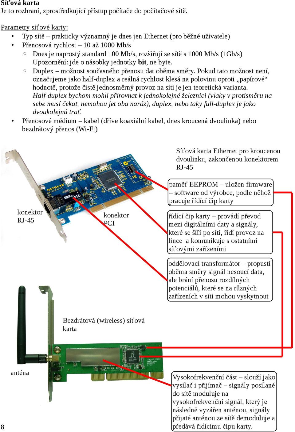 (1Gb/s) Upozornění: jde o násobky jednotky bit, ne byte. Duplex možnost současného přenosu dat oběma směry.