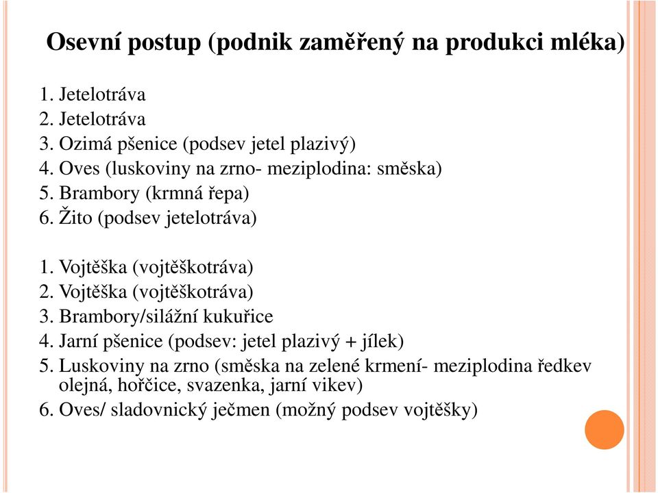 Vojtěška (vojtěškotráva) 2. Vojtěška (vojtěškotráva) 3. Brambory/silážní kukuřice 4.