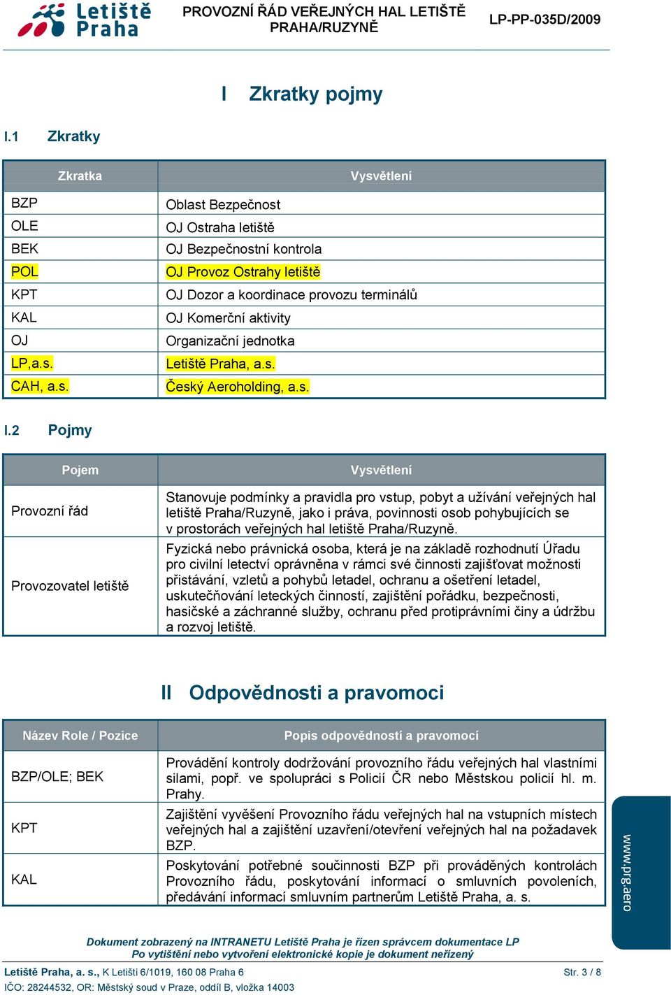 Vysvětlení Oblast Bezpečnost OJ Ostraha letiště OJ Bezpečnostní kontrola OJ Provoz Ostrahy letiště OJ Dozor a koordinace provozu terminálů OJ Komerční aktivity Organizační jednotka Letiště Praha, a.s. Český Aeroholding, a.