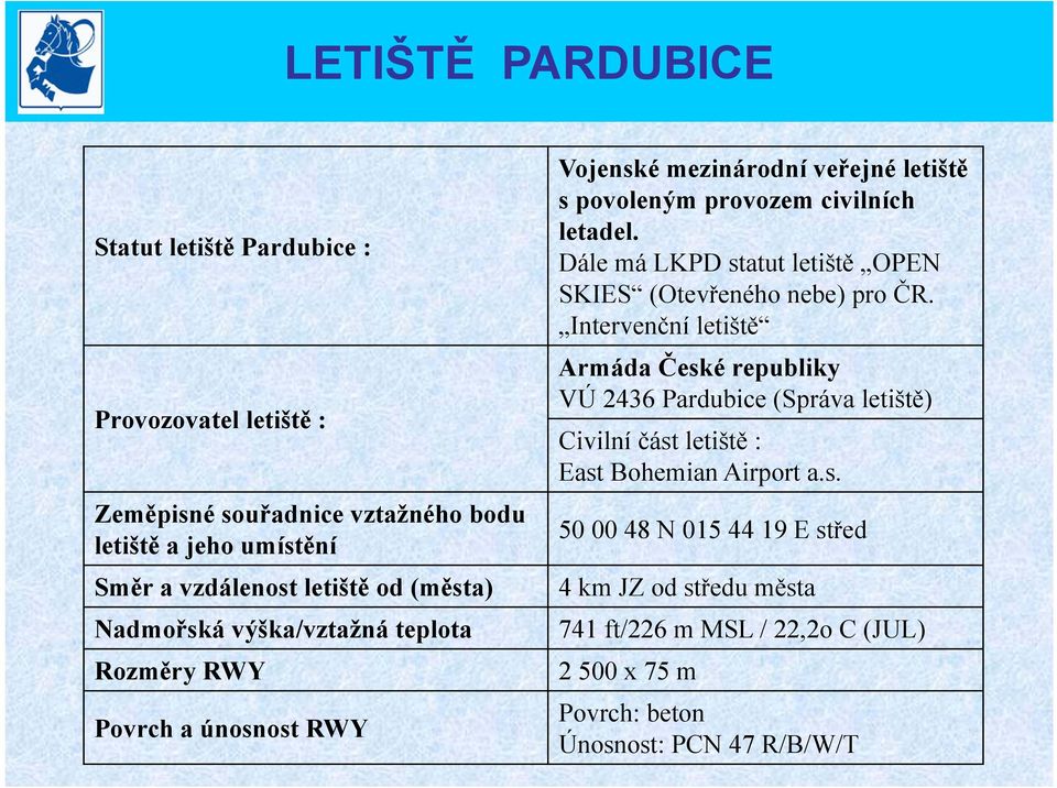 Dále má LKPD statut letiště OPEN SKIES (Otevřeného nebe) pro ČR.