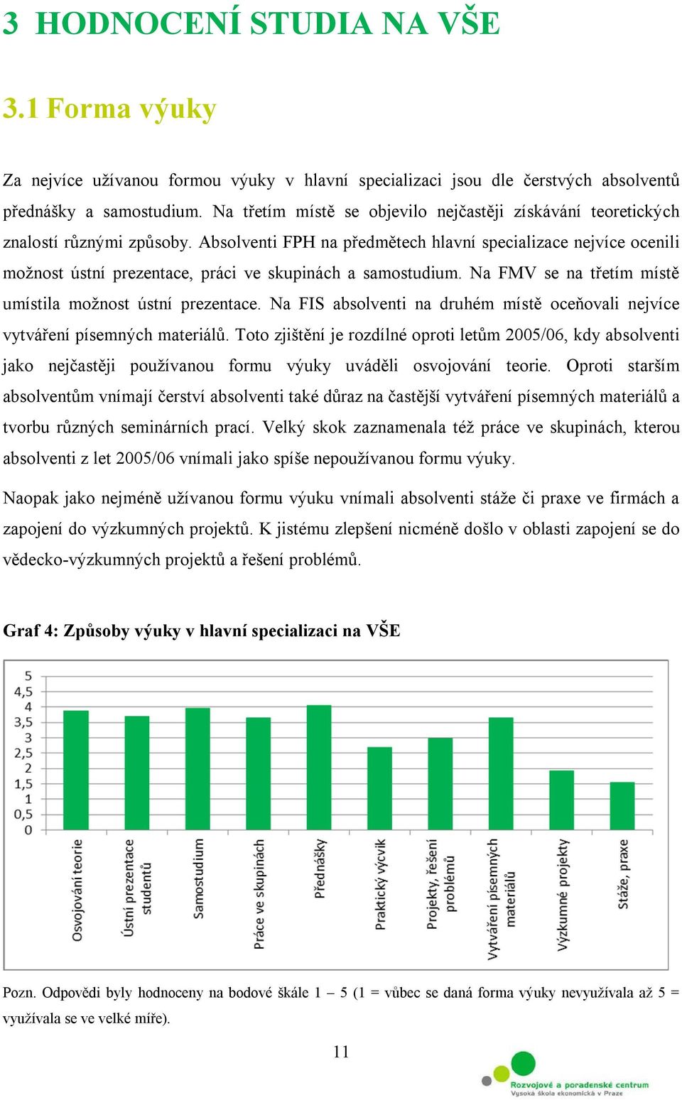 Absolventi FPH na předmětech hlavní specializace nejvíce ocenili možnost ústní prezentace, práci ve skupinách a samostudium. Na FMV se na třetím místě umístila možnost ústní prezentace.