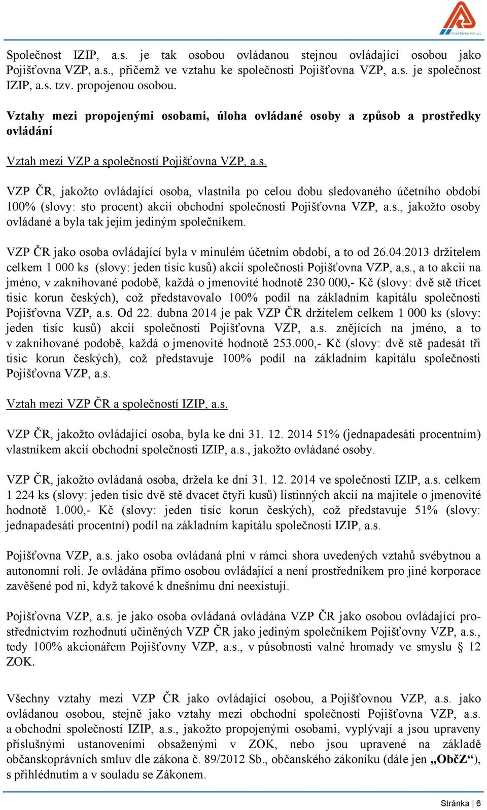 s., jakožto osoby ovládané a byla tak jejím jediným společníkem. VZP ČR jako osoba ovládající byla v minulém účetním období, a to od 26.04.