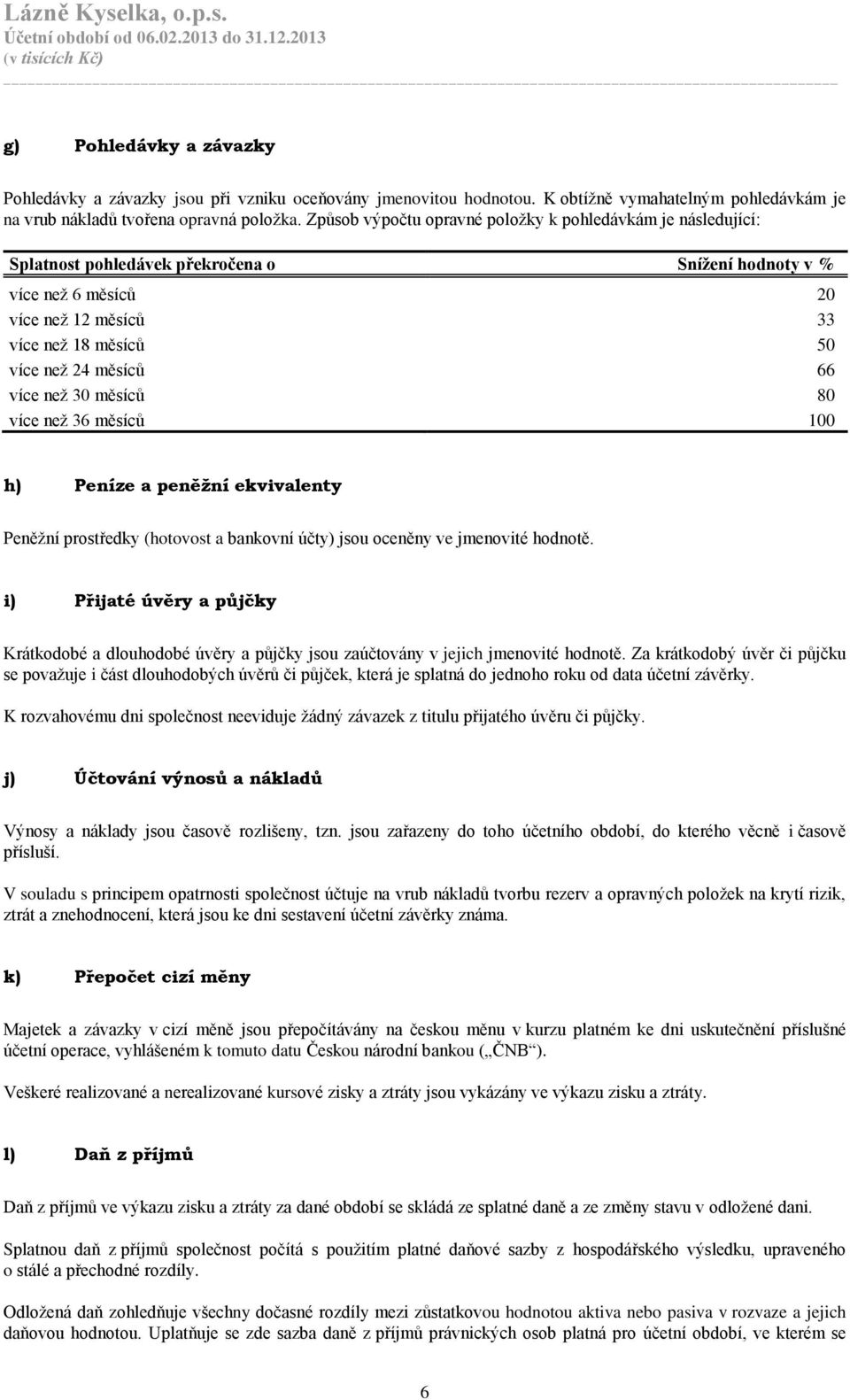 66 více než 30 měsíců 80 více než 36 měsíců 100 h) Peníze a peněžní ekvivalenty Peněžní prostředky (hotovost a bankovní účty) jsou oceněny ve jmenovité hodnotě.