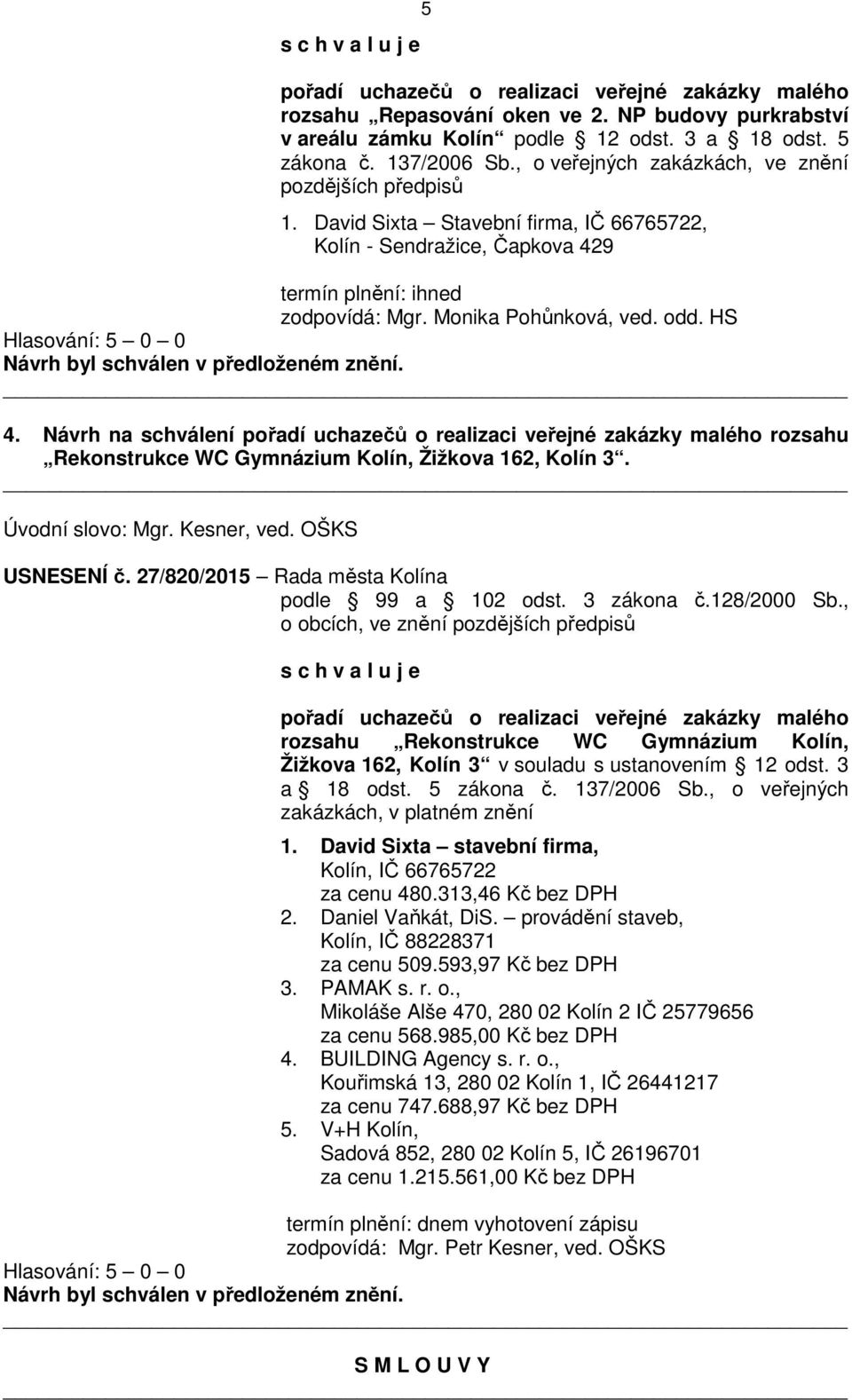 HS Hlasování: 5 0 0 4. Návrh na schválení pořadí uchazečů o realizaci veřejné zakázky malého rozsahu Rekonstrukce WC Gymnázium Kolín, Žižkova 162, Kolín 3. Úvodní slovo: Mgr. Kesner, ved.