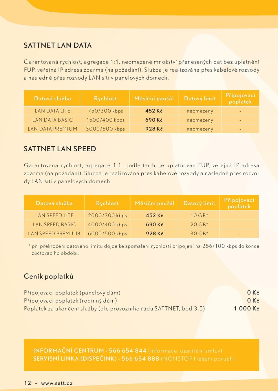 Datová služba Rychlost Měsíční paušál Datový limit Připojovací poplatek LAN DATA LITE 750/300 kbps 452 Kč neomezený - LAN DATA BASIC 1500/400 kbps 690 Kč neomezený - LAN DATA PREMIUM 3000/500 kbps